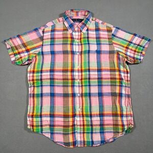 Ralph Lauren Mens‎ Linen Shirt Large Multicolor Madras Plaid Short Sleeve Casual